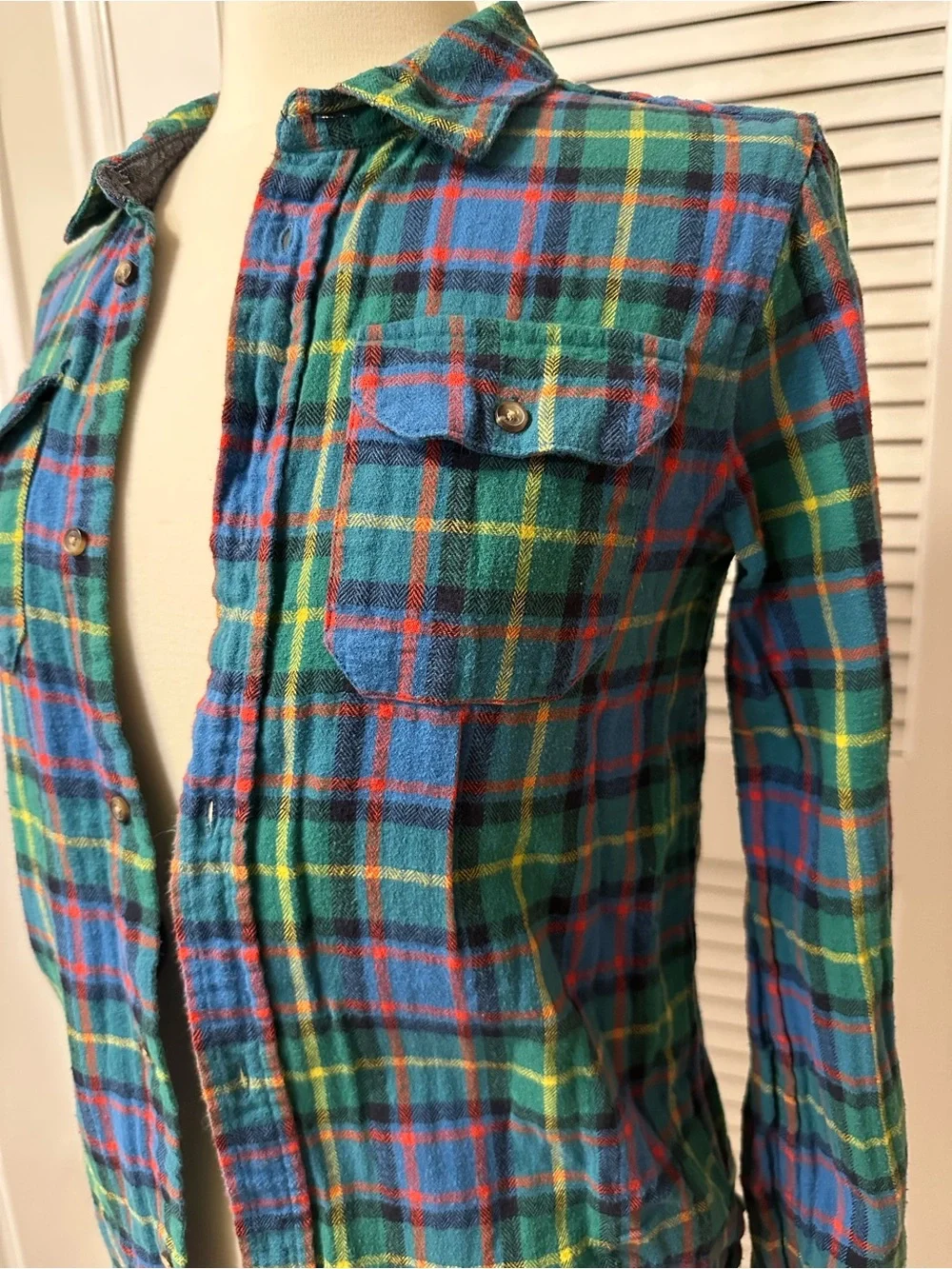 Grunge Blue and Green Plaid Button-Up Shirt